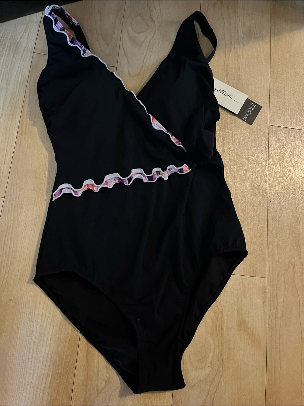 Profile By Gottex Black One-Piece Swimsuit with Pink Ruffle Trim